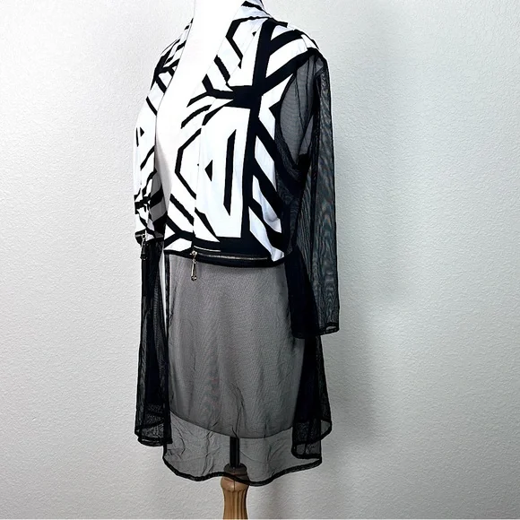 Frank Lyman Sheer Mesh Duster Cardigan Black White Geometric Open Front Size 10 - Picture 2 of 10